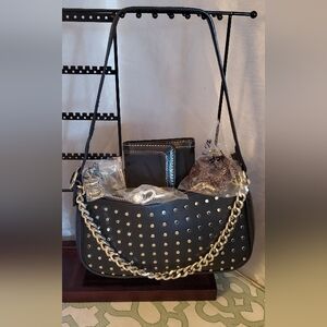 Studded Black Shoulder Bag with Chain. A Fashion CC Wallet + Jewelry.